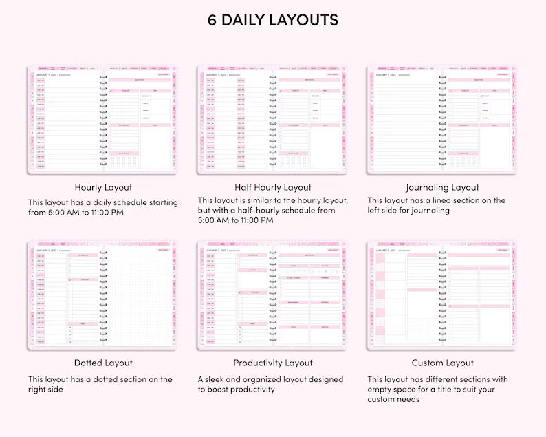 Six different daily layout options for a planner with brief descriptions.